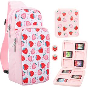 FUNDIARY Pink Carrying Travel Bag for Switch 2/Switch/OLED/Lite with Strawberry Design, Portable Accessories Bundle with Sling Shoulder Bag Crossbody Backpack, 12 Slots Game Card Case and 2 Thumb Caps in Saudi Arabia