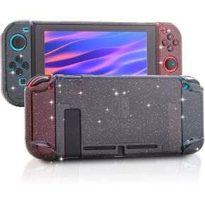 Dockable Case for Nintendo Switch, Protective Case for Nintendo Switch with a Tempered Glass Screen Protector and 6 Joy Stick Covers, Fit into The Dock Station - Clear Glitter