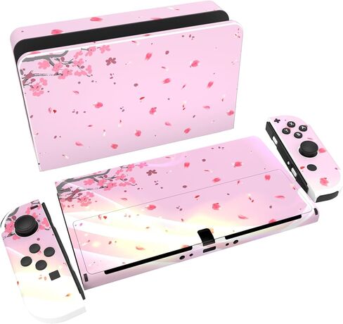 PlayVital Full Set Protective Stickers for Nintendo Switch OLED Model, Customized Vinyl Decal Skins for Switch OLED Console & Joycon & Dock & Grip - Cherry Blossoms Petals in Kuwait
