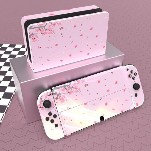 PlayVital Full Set Protective Stickers for Nintendo Switch OLED Model, Customized Vinyl Decal Skins for Switch OLED Console & Joycon & Dock & Grip - Cherry Blossoms Petals in Kuwait
