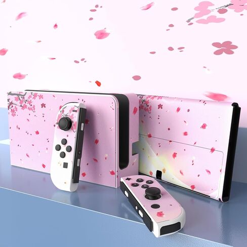 PlayVital Full Set Protective Stickers for Nintendo Switch OLED Model, Customized Vinyl Decal Skins for Switch OLED Console & Joycon & Dock & Grip - Cherry Blossoms Petals in Kuwait