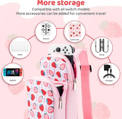 FUNDIARY Pink Carrying Travel Bag for Switch 2/Switch/OLED/Lite with Strawberry Design, Portable Accessories Bundle with Sling Shoulder Bag Crossbody Backpack, 12 Slots Game Card Case and 2 Thumb Caps in Saudi Arabia
