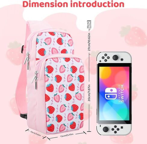 FUNDIARY Pink Carrying Travel Bag for Switch 2/Switch/OLED/Lite with Strawberry Design, Portable Accessories Bundle with Sling Shoulder Bag Crossbody Backpack, 12 Slots Game Card Case and 2 Thumb Caps in Saudi Arabia