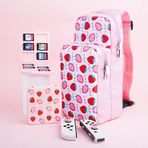 FUNDIARY Pink Carrying Travel Bag for Switch 2/Switch/OLED/Lite with Strawberry Design, Portable Accessories Bundle with Sling Shoulder Bag Crossbody Backpack, 12 Slots Game Card Case and 2 Thumb Caps in Saudi Arabia