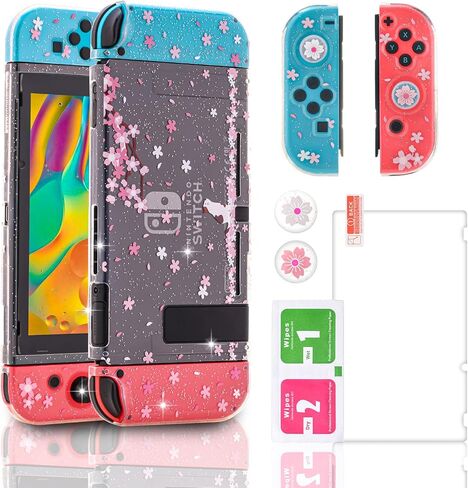 Dockable Case for Nintendo Switch, Protective Case for Nintendo Switch with a Tempered Glass Screen Protector and 6 Joy Stick Covers, Fit into The Dock Station - Clear Glitter in Kuwait