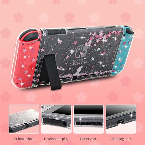 Dockable Case for Nintendo Switch, Protective Case for Nintendo Switch with a Tempered Glass Screen Protector and 6 Joy Stick Covers, Fit into The Dock Station - Clear Glitter in Kuwait