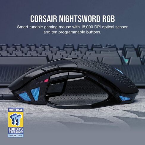 Corsair Nightsword RGB, Performance Tunable FPS/MOBA Gaming Mouse, Black, Backlit RGB LED, 18000 DPI, Optical (Renewed) in Saudi Arabia
