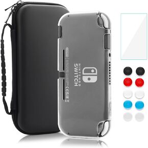 RHOTALL Switch Case for Nintendo Switch Lite, Solid Color Portable Travel Carry Case 4 in 1 Accessories Kit with Carrying Case, Clear Protective Cover, Screen Protector, Thumb Grip Caps (Black)