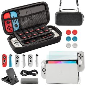 Teyomi Case for Nintendo Switch OLED, 20 in 1 Switch OLED Accessory Bundle with Switch OLED Case Transparent, Game Storage, Protective Film, Switch Stand, Case for Joy-Con, Joystick Caps (Black) in Kuwait