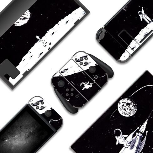 BelugaDesign Space Switch Skin | ملصق رائع من الفينيل للتغليف | مجرة سفينة الفضاء رائد الفضاء القمر لطيف | متوافق مع نينتندو سويتش (سويتش ستاندرد، أسود أبيض) in Kuwait