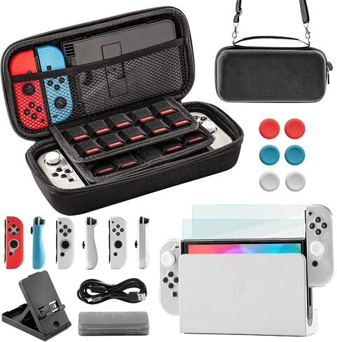 Teyomi Case for Nintendo Switch OLED, 20 in 1 Switch OLED Accessory Bundle with Switch OLED Case Transparent, Game Storage, Protective Film, Switch Stand, Case for Joy-Con, Joystick Caps (Black) in Kuwait