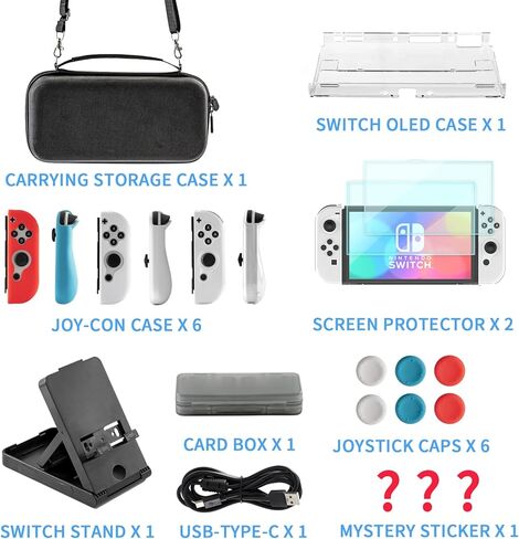 Teyomi Case for Nintendo Switch OLED, 20 in 1 Switch OLED Accessory Bundle with Switch OLED Case Transparent, Game Storage, Protective Film, Switch Stand, Case for Joy-Con, Joystick Caps (Black) in Kuwait