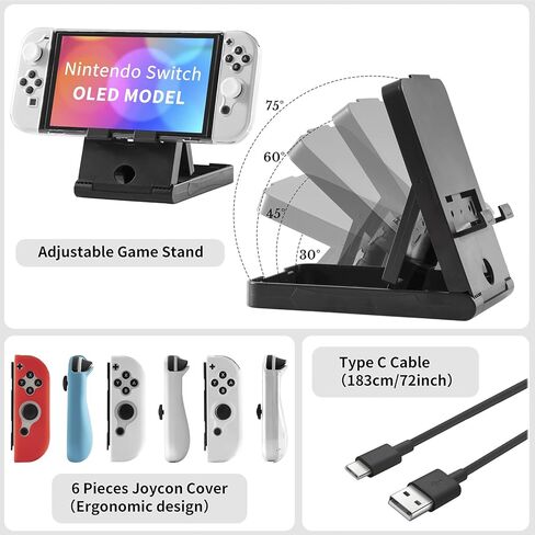 Teyomi Case for Nintendo Switch OLED, 20 in 1 Switch OLED Accessory Bundle with Switch OLED Case Transparent, Game Storage, Protective Film, Switch Stand, Case for Joy-Con, Joystick Caps (Black) in Kuwait