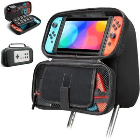 حقيبة حمل AcceSolie لجهاز Nintendo Switch/Switch OLED، 2 في 1 متعددة الوظائف، حامل مثبت على مسند رأس السيارة، حقيبة حمل محمولة واقية صلبة للسفر، 10 فتحات لبطاقات الألعاب، أسود in Kuwait