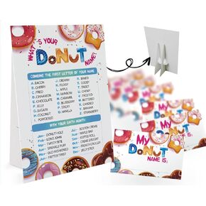 لعبة اسم الدونات من واتس يور دونات (1 لافتة موضوع دونات و30 ملصق بطاقة الاسم)، ديكور حفلات لعبة الدونات لعبة عيد ميلاد للاطفال، لعبة عائلية - 10 in Kuwait
