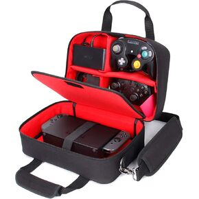USA GEAR Carrying Case Compatible with Nintendo Switch, Gamecube Controller, Adapter, Pro-Controller, and More Gaming Accessories - Customizable Interior, Shoulder Strap, and Padded Interior - Black
