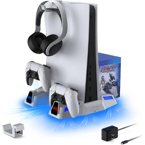 حامل تبريد عمودي TOPAD مع حامل سماعة الرأس ومحول تيار متردد لملحقات PS5، لأقراص PS5 والإصدارات الرقمية وشاحن وحدات تحكم مزدوجة مع مراوح 10 منظم رفوف الألعاب باللون الأسود in Kuwait