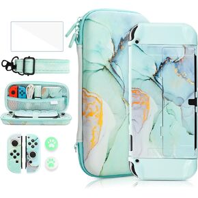 حزمة حافظة FANPL لملحقات Nintendo Switch OLED، حقيبة حمل لجهاز Switch OLED وJoy Con مع غطاء واقي قلاب وواقي شاشة، 4 مقابض إبهام، حزام كتف - أخضر الجاديت الرخامي