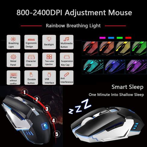 Wireless Gaming Keyboard and Mouse Combo,3 in 1 Rainbow LED Rechargeable Keyboard Mouse with 3800mAh Battery Metal Panel,10 Colors RGB Gaming Mouse Pad (32.5x12x0.15 inch),7 Colors Mute Gaming Mouse in Saudi Arabia