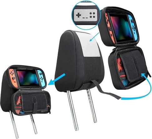 حقيبة حمل AcceSolie لجهاز Nintendo Switch/Switch OLED، 2 في 1 متعددة الوظائف، حامل مثبت على مسند رأس السيارة، حقيبة حمل محمولة واقية صلبة للسفر، 10 فتحات لبطاقات الألعاب، أسود in Kuwait