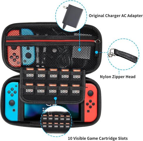 حقيبة حمل AcceSolie لجهاز Nintendo Switch/Switch OLED، 2 في 1 متعددة الوظائف، حامل مثبت على مسند رأس السيارة، حقيبة حمل محمولة واقية صلبة للسفر، 10 فتحات لبطاقات الألعاب، أسود in Kuwait