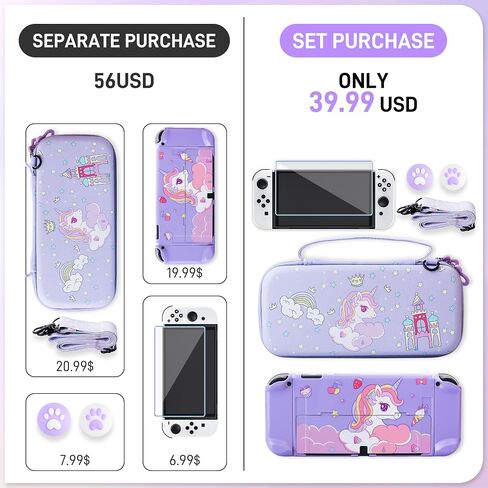 Cute for Carrying Case Set for Nintendo Switch OLED, Pink Storage Case for Switch OLED and Accessories with Protective Case, Screen Protector, Adjustable Shoulder Strap, 2 Thumb Caps in Kuwait