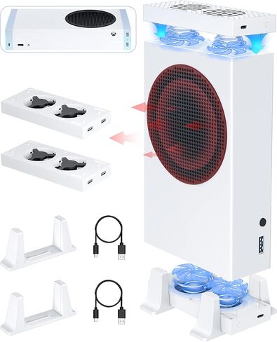 مروحة تبريد من ناراتي لجهاز Xbox Series S، نظام تبريد بحامل تبريد بأربعة مراوح تبريد للاعلى والسفلي، 3 مستويات سرعة للمروحة 2300/2800/3200 دورة في الدقيقة مع مؤشر LED و4 منافذ USB اضافية، ضوضاء منخفضة in Kuwait