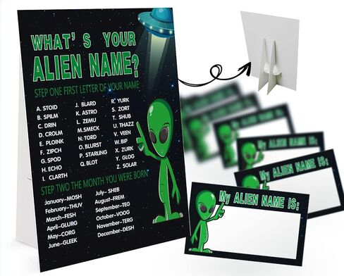 What's Your Alien Name Game (1 لافتة ذات طابع فضائي و30 ملصقًا لبطاقة الاسم)، ديكور حفلات ألعاب الكائنات الفضائية، لعبة عيد ميلاد للأطفال، لعبة عائلية - 19 in Saudi Arabia
