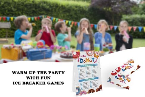 لعبة اسم الدونات من واتس يور دونات (1 لافتة موضوع دونات و30 ملصق بطاقة الاسم)، ديكور حفلات لعبة الدونات لعبة عيد ميلاد للاطفال، لعبة عائلية - 10 in Kuwait