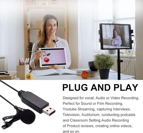 ميكروفون PChero USB Lavalier Lapel، مشبك USB للكمبيوتر، ميكروفون للتوصيل والتشغيل للكمبيوتر الشخصي، Mac، الكمبيوتر المحمول، YouTube، Skype، Tiktok، التسجيل، البث الصوتي، الألعاب in Kuwait