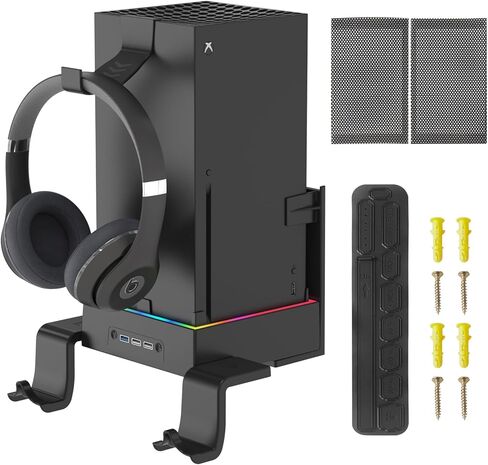 YCCTEAM Wall Mount Kit with Cooling Fan for Xbox Series X, 3 Speed Low Noise Fan RGB Light Strip and 3 USB Ports with Controller &Headset Holder and Dust Cover Filter- Black in Kuwait