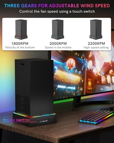 YCCTEAM Wall Mount Kit with Cooling Fan for Xbox Series X, 3 Speed Low Noise Fan RGB Light Strip and 3 USB Ports with Controller &Headset Holder and Dust Cover Filter- Black in Kuwait