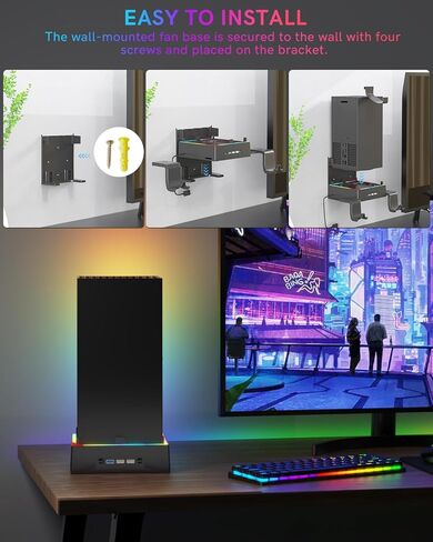 YCCTEAM Wall Mount Kit with Cooling Fan for Xbox Series X, 3 Speed Low Noise Fan RGB Light Strip and 3 USB Ports with Controller &Headset Holder and Dust Cover Filter- Black in Kuwait
