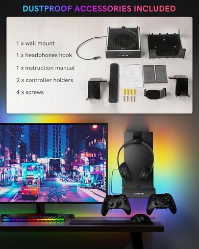 YCCTEAM Wall Mount Kit with Cooling Fan for Xbox Series X, 3 Speed Low Noise Fan RGB Light Strip and 3 USB Ports with Controller &Headset Holder and Dust Cover Filter- Black in Kuwait