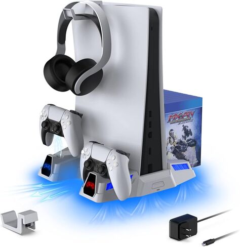 حامل تبريد عمودي TOPAD مع حامل سماعة الرأس ومحول تيار متردد لملحقات PS5، لأقراص PS5 والإصدارات الرقمية وشاحن وحدات تحكم مزدوجة مع مراوح 10 منظم رفوف الألعاب باللون الأسود in Kuwait
