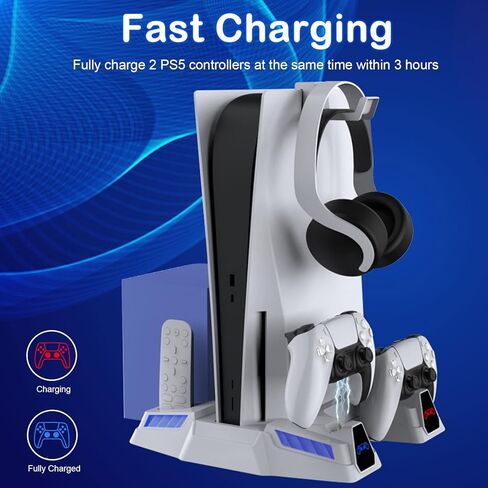 حامل تبريد عمودي TOPAD مع حامل سماعة الرأس ومحول تيار متردد لملحقات PS5، لأقراص PS5 والإصدارات الرقمية وشاحن وحدات تحكم مزدوجة مع مراوح 10 منظم رفوف الألعاب باللون الأسود in Kuwait