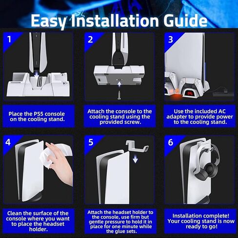 حامل تبريد عمودي TOPAD مع حامل سماعة الرأس ومحول تيار متردد لملحقات PS5، لأقراص PS5 والإصدارات الرقمية وشاحن وحدات تحكم مزدوجة مع مراوح 10 منظم رفوف الألعاب باللون الأسود in Kuwait