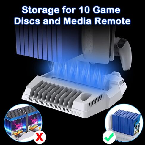 حامل تبريد عمودي TOPAD مع حامل سماعة الرأس ومحول تيار متردد لملحقات PS5، لأقراص PS5 والإصدارات الرقمية وشاحن وحدات تحكم مزدوجة مع مراوح 10 منظم رفوف الألعاب باللون الأسود in Kuwait