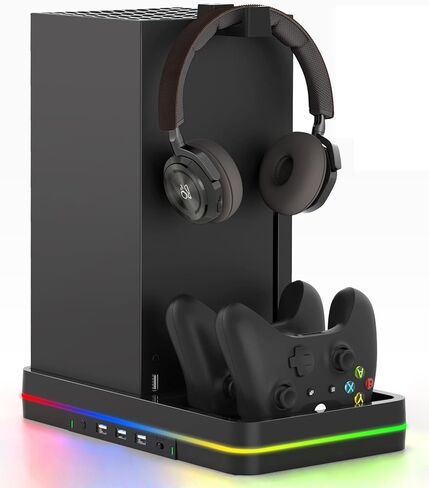 KEPLUG Xbox Series X/S مروحة تبريد مزدوجة، حامل تبريد لوحدة التحكم/وحدة التحكم Xbox Series X/S، محطة شحن وحدة تحكم Xbox مزدوجة مع ضوء RGB LED و3 منافذ USB، وخطافين لسماعات الرأس in Kuwait