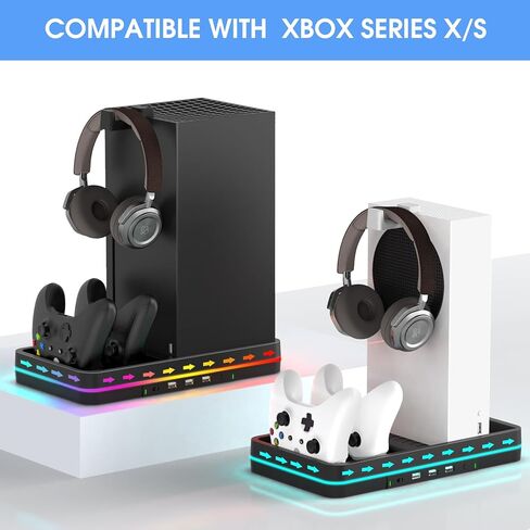 KEPLUG Xbox Series X/S مروحة تبريد مزدوجة، حامل تبريد لوحدة التحكم/وحدة التحكم Xbox Series X/S، محطة شحن وحدة تحكم Xbox مزدوجة مع ضوء RGB LED و3 منافذ USB، وخطافين لسماعات الرأس in Kuwait