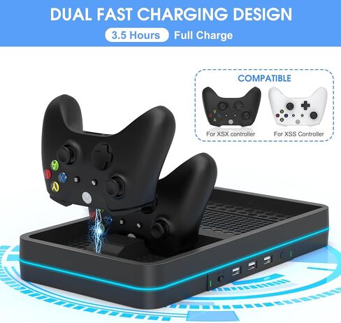 KEPLUG Xbox Series X/S مروحة تبريد مزدوجة، حامل تبريد لوحدة التحكم/وحدة التحكم Xbox Series X/S، محطة شحن وحدة تحكم Xbox مزدوجة مع ضوء RGB LED و3 منافذ USB، وخطافين لسماعات الرأس in Kuwait