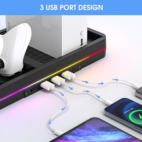KEPLUG Xbox Series X/S مروحة تبريد مزدوجة، حامل تبريد لوحدة التحكم/وحدة التحكم Xbox Series X/S، محطة شحن وحدة تحكم Xbox مزدوجة مع ضوء RGB LED و3 منافذ USB، وخطافين لسماعات الرأس in Kuwait
