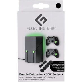 XBOX Series X Wall Mount system by FLOATING GRIP - Bundle Deluxe mounting kit for displaying XBOX Series X and 2x Controllers on the wall incl LED light and Cover Caps (Black)