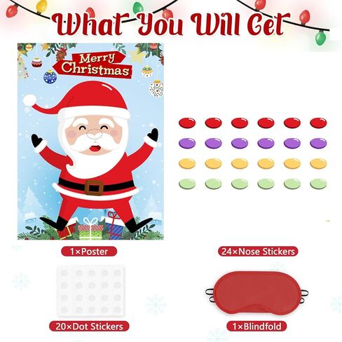 دبوس الأنف على سانتا كلوز - ألعاب حفلات عيد الميلاد للأطفال عيد الميلاد دبوس ألعاب لوحة الحائط ملصق مع 24 قطعة من ملصقات الأنف القابلة لإعادة الاستخدام، الأولاد والبنات عيد الميلاد وحفلات أعياد الميلاد والمدرسة والفصول الدراسية الليلية in Kuwait