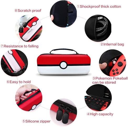 حافظة لجهاز نينتندو سويتش، حقيبة سفر محمولة من يولمو لجهاز نينتندو بوكيمون، حقيبة صلبة واقية مع حافظة شفافة لبوكبول وواقي شاشة من الزجاج المقوى (أحمر وأبيض) in Kuwait