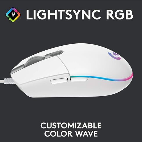 ماوس ألعاب Logitech G203 Lightsync مع إضاءة RGB قابلة للتخصيص، 6 أزرار قابلة للبرمجة، مستشعر درجة الألعاب، تتبع 8 كيلو نقطة في البوصة، خفيف الوزن (أبيض) (متجدد) in Kuwait