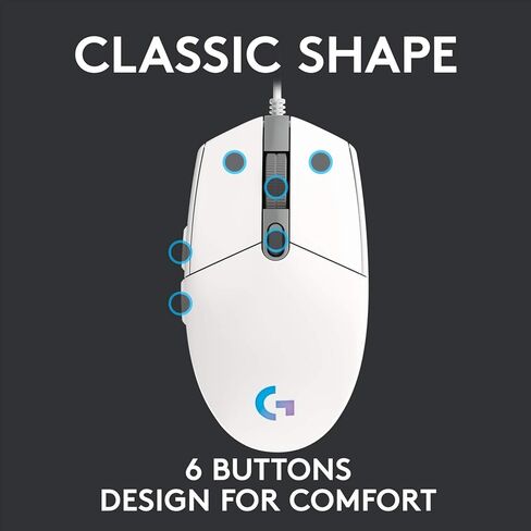 ماوس ألعاب Logitech G203 Lightsync مع إضاءة RGB قابلة للتخصيص، 6 أزرار قابلة للبرمجة، مستشعر درجة الألعاب، تتبع 8 كيلو نقطة في البوصة، خفيف الوزن (أبيض) (متجدد) in Kuwait