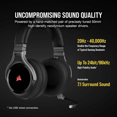 سماعة الألعاب اللاسلكية Corsair Virtuoso RGB - صوت محيطي عالي الدقة 7.1 - أغطية أذن من إسفنج الذاكرة - عمر بطارية يصل إلى 20 ساعة - كربون (متجدد) in Kuwait