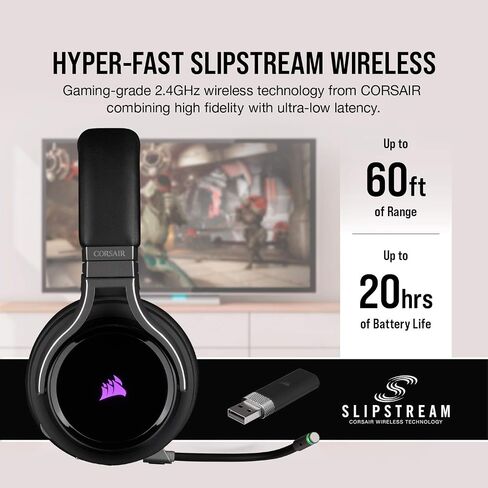 سماعة الألعاب اللاسلكية Corsair Virtuoso RGB - صوت محيطي عالي الدقة 7.1 - أغطية أذن من إسفنج الذاكرة - عمر بطارية يصل إلى 20 ساعة - كربون (متجدد) in Kuwait