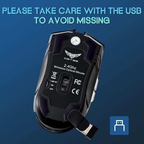 VEGCOO Wireless Gaming Mouse, C8 Silent Click Wireless Rechargeable Mouse with Colorful LED Lights and 2400/1600/1000 DPI for Laptop and Computer (C8N Black) in Saudi Arabia